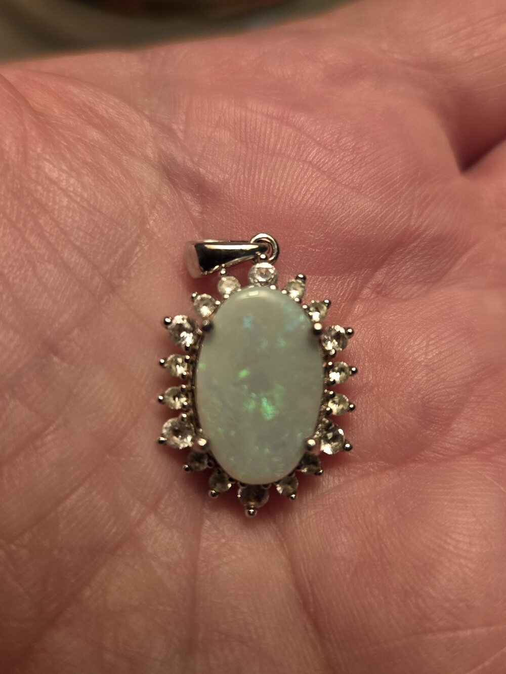 Sterling Silver Opal Halo Pendant - White Opal with Green Fire
